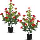 Hananona 2 Pcs Artificial Camellia Trees Faux Camellia Plant in Pot with Flowers Indoor Plants for Spring Home Decor Outdoor Porch Front Door Decor (Red, M)