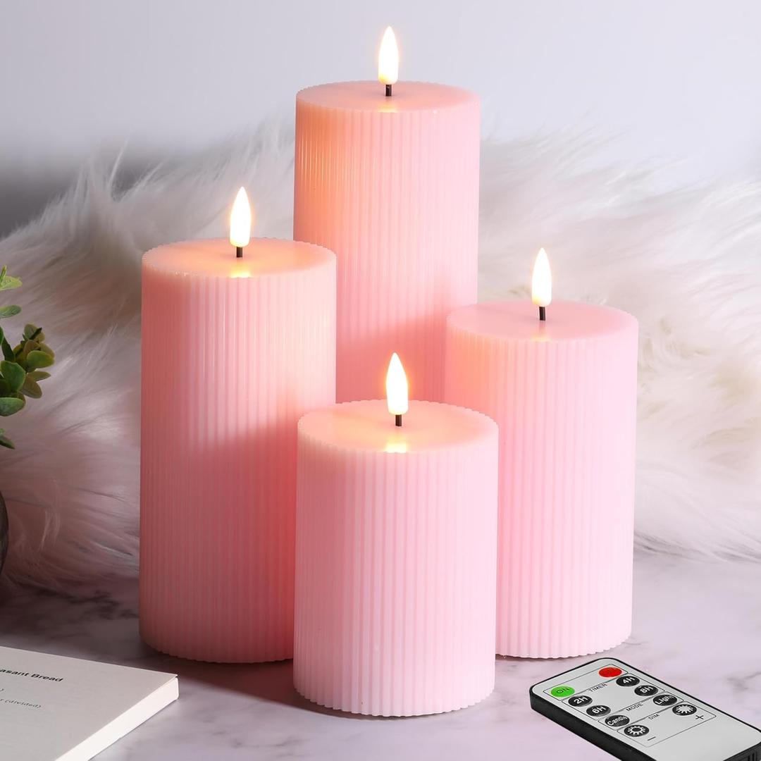 Pink Ribbed Flameless Pillar Candles with Remote, Flat Top Flickering LED Wax Battery Candles Set of 4,  3" H 4" 5" 6" 8"