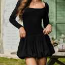 HYPERFIRE Women's Elegant Long Sleeve Scoop Neck Puff Bubble Mini Cocktail Dress Party Club (Black, L)