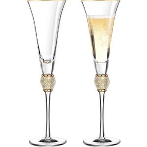 2 Pieces Rhinestone Champagne Flutes Wedding Toasting Glasses 7 Oz Rim Diamond Wine Glasses Long Stem Glassware for Wedding, Parties, Anniversary Supplies (Gold)
