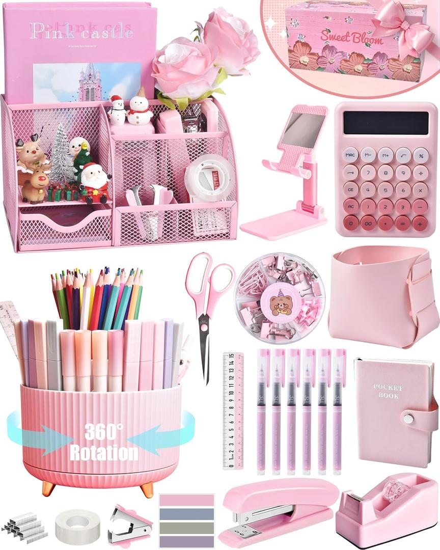 LXEVIHK 21Pcs Pink Desk Organizers and Accessories With Mesh Desk Organizer and 360 Rotating Pen Holder and a Lot of Office Pink Office Supplies Beautifully Presented in a Gift Box