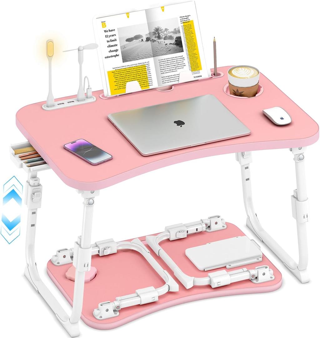 Lap Desk for Bed Adjustable Height, Foldable Bed Table with Storage Drawer, Tablet Slot & Cup Holder, Portable Laptop Stand for Bed & Sofa, Bed Desk for Adults & Kids, Pink