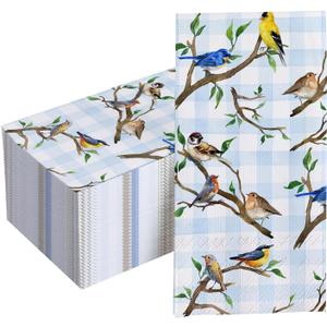 100 PCS Spring Birds Paper Napkins, Bluebird Goldfinch Chickadee Branches Hand Towels Decorative Disposable Dinner Guest Napkins, Plaid Farmhouse Kitchen Dinning Table Party Decor 8 x 4 Inch