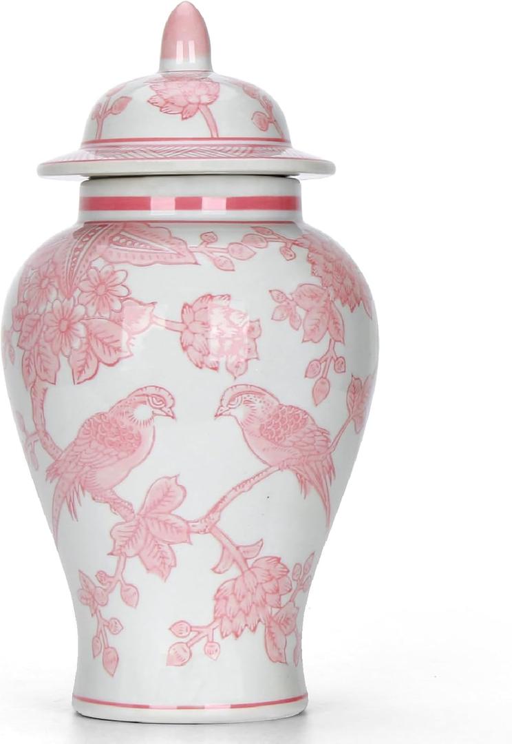 11 Pink Ginger Jar with Lid Porcelain Stylized Songbirds Floral Temple Jar Chinoiserie Vase Chinese Style Ginger Jars Antique Home Decor for Interior Design