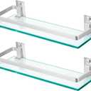 2-Pack Tempered Glass Bathroom Shelf with Rail, 15" x 4.5" Rectangular Shower Caddy, Wall Mounted Floating Shampoo Holder for Lavatory, Kitchen, Living Room
