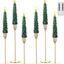 Honoson 6 Sets Flameless Christmas Tree Taper Candles with Holders Remote Control, LED Taper Candles AAA Battery Operated Flickering Candlesticks for Window Fireplace (Gold,Classic Style)