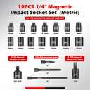 1/4 Inch Drive Magnetic Impact Socket Set, 19-Piece Metric, 4mm-15mm, 6 Point, Cr-Mo, Square Drive, Magnetic Socket with Adapter, Universal Joint & Extension