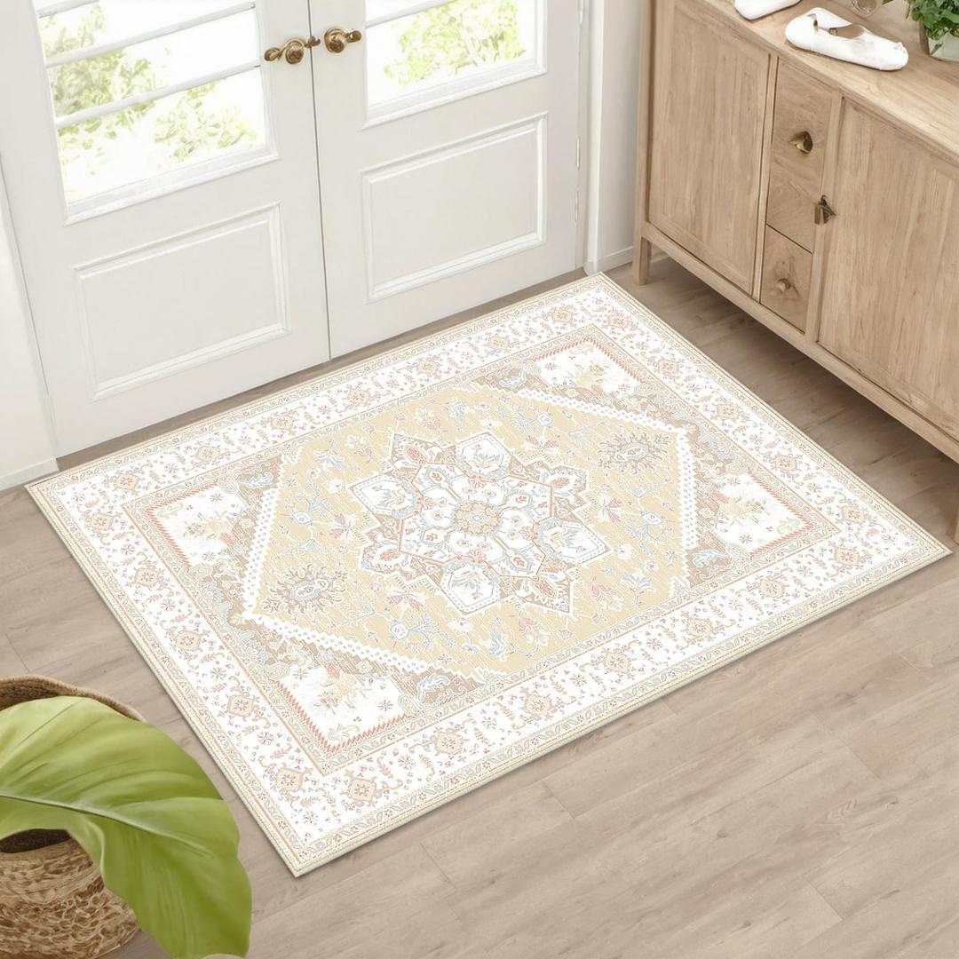 BESTSWEETIE 2x3 Area Rugs for Living Room Washable Non Slip Carpet Low Pile Soft Vintage Print Pattern Rug for Bedroom Dining Room Kitchen Entryway Indoor-Cream/Light Yellow/Brown/Blue/Red/Pink