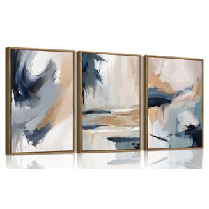 KISSFOX 3 Piece Framed Wall Art Abstract Wall Decor Navy Blue Brown Pictures Modern Minimalist Canvas Art Large Brushstroke Paintings Artwork for Living Room Bedroom Office