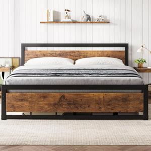 GarveeHome King Size Bed Frame, Industrial King Bed Platform with Headboard No Box Spring Needed, 14 in Easy Assemble King Mattress Bedframe, Retro Brown