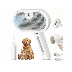 SHAZORY Pet Steam Brush for Dog & Cat - 3-in-1 Steam Grooming Brush for Shedding & Hair Removal - Self Cleaning Spray Comb with Mist for Long Haired Pets - Includes Water Refill Bottle (White)