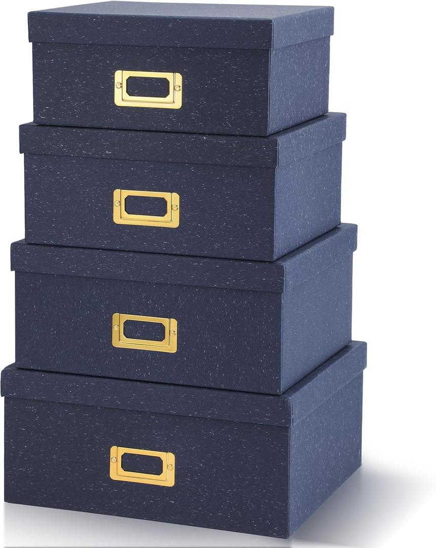 Eaasty Set of 4 Decorative Storage Boxes with Lids, Kraft Paper Boxes with Gold Label Holders, Decorative Photo Memory Keepsakes Storage, Cardboard Organizers for Home Decor, Office Organizing(Blue)