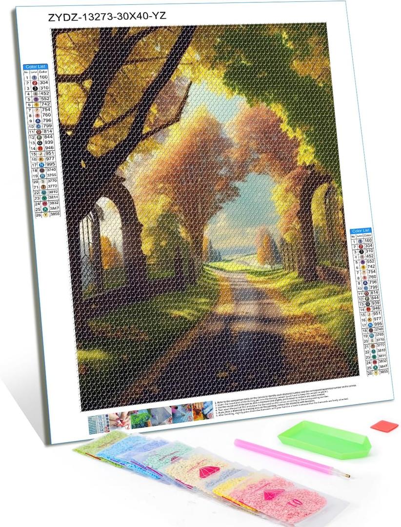 TUTUMAY21 Christmas Gift Autumn Park Green Yellow Trees Beautiful Scenery 5D Diamond Painting, DIY Diamond Art Kit for Adults Gem Art Home Wall Decor for New Year Valentine's Day 12x16 inch