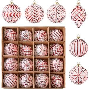 16Pcs Vintage Rustic Christmas Ball Ornaments - Large Shatterproof Neutral Christmas Ornaments Set Farmhouse Christmas Decor for Xmas Tree Home Party Holiday (Red)