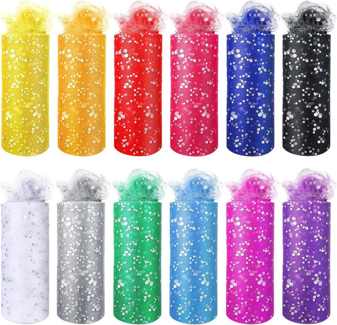 Chumia 12 Pcs Rainbow Glitter Tulle Rolls 6 Inch by 10 Yards 30 Feet Glitter Tulle Roll Fabric with Shiny Sequin Craft Fabric for Table Chair Bow Pet Tutu Skirt Sewing Wedding Birthday(Classic Color)