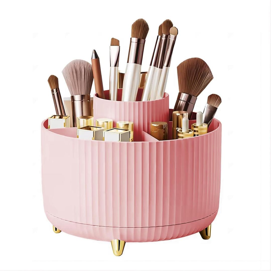 DASITON Large Capacity Makeup Brush Holder,360 Rotating Makeup Organizer, 5 Slot Makeup Brushes Cup, for Vanity Decor,Bathroom Countertops, Desk Storage Container, Cosmetic Display Cases (Pink)