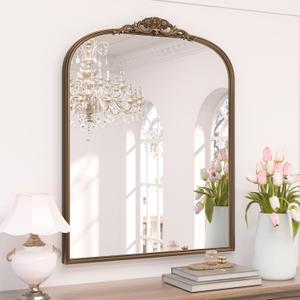 Keonjinn Gold Vintage Mirror 30" x 36", Antique Brass Mirrors for Wall Decor, Arched Decorative Mirror for Mantle, Hallway, Living Room, Fireplace, Bedroom, Bathroom Mirror with French Cleat Mounting