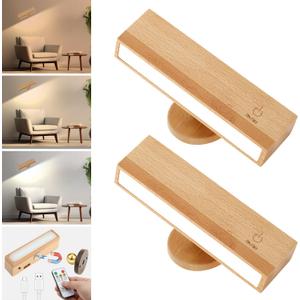 Battery Operated Led Wall Sconces, 2 Pack Wireless Wall Lights with Remote for Bedroom, 3 Color Temperature 360Rotatable Rechargeable Magnetic Wood Wall Lamp for Living Room Bedside (Beech Wood)