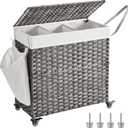 SONGMICS Laundry Hamper with Lid, 37 Gallons (140 L), Rolling Laundry Basket with Wheels, 3-Section Synthetic Rattan, Removable Liner, Bedroom, 26 x 13 x 26 Inches, Gray ULCB363G01