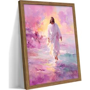 Framed Pink Jesus Wall Art Gifts for Christian, Jesus Walking On Water Canvas Prints, Savior Christian Wall Decor, Inspiring Religious Belief Artwork Decor for Prayer Room 8x10in