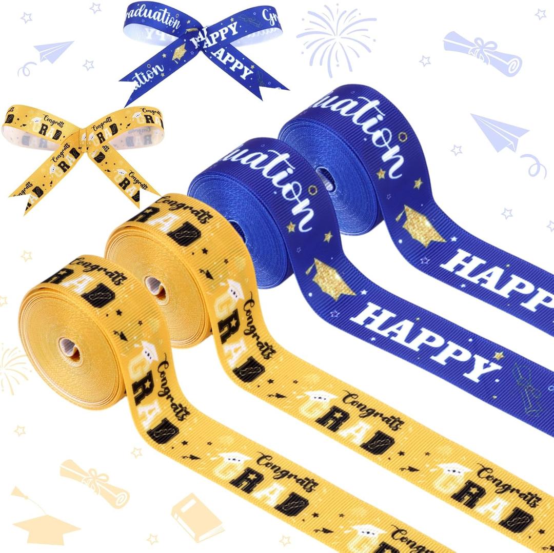 JOYMEMO 4 Rolls 20 Yards Yellow and Blue Graduation Grosgrain Ribbons - 1 Inch Congrats Grad Decorations for Gift Wrapping Leis Wreath Money Cake, Happy Graduation Class of 2026 Party Supplies