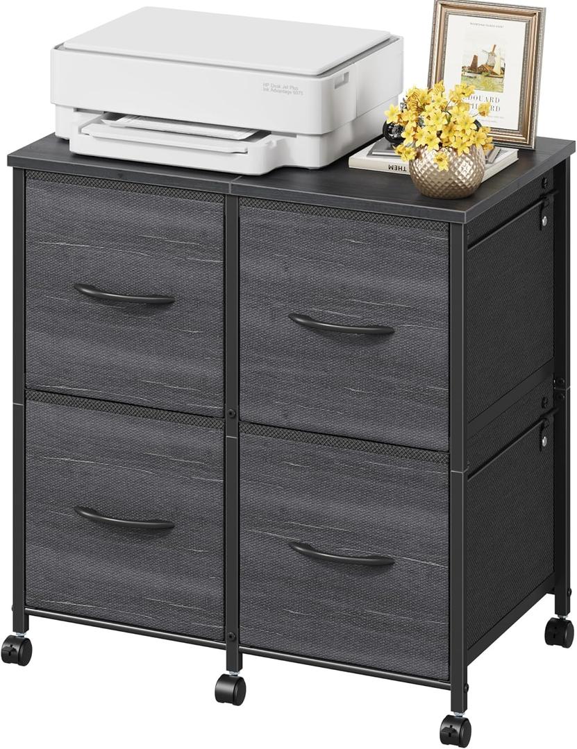 HIGDBFE 4 Drawer Lateral File Cabinet, Mobile Filing Cabinet for Large Printer, Home Office Functional Small Office Storage Cabinet & Printer Stand, Fabric, Charcoal Black Grain Print