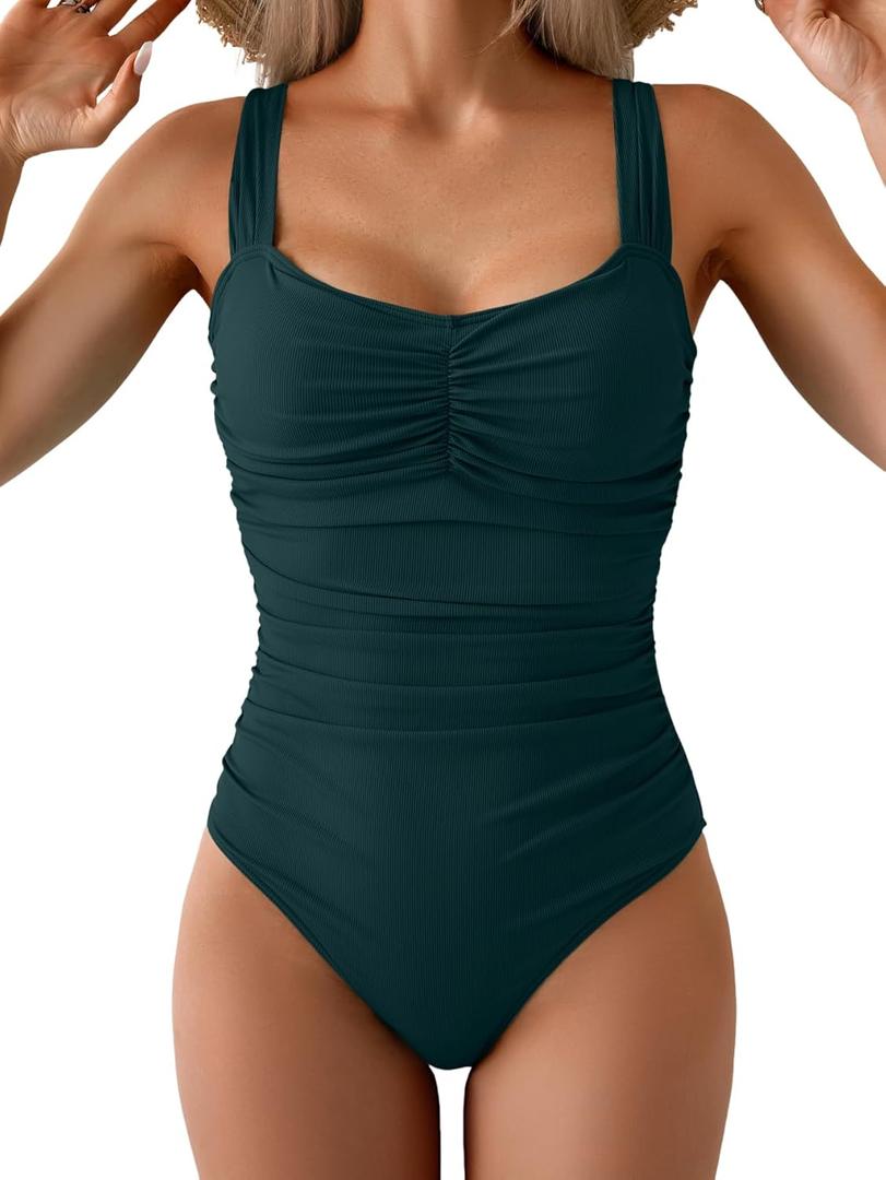 B2prity One Piece Swimsuit for Women Tummy Control Bathing Suit Ruched Slimming Swimwear (Medium,  Ribbed, Peacock Green)