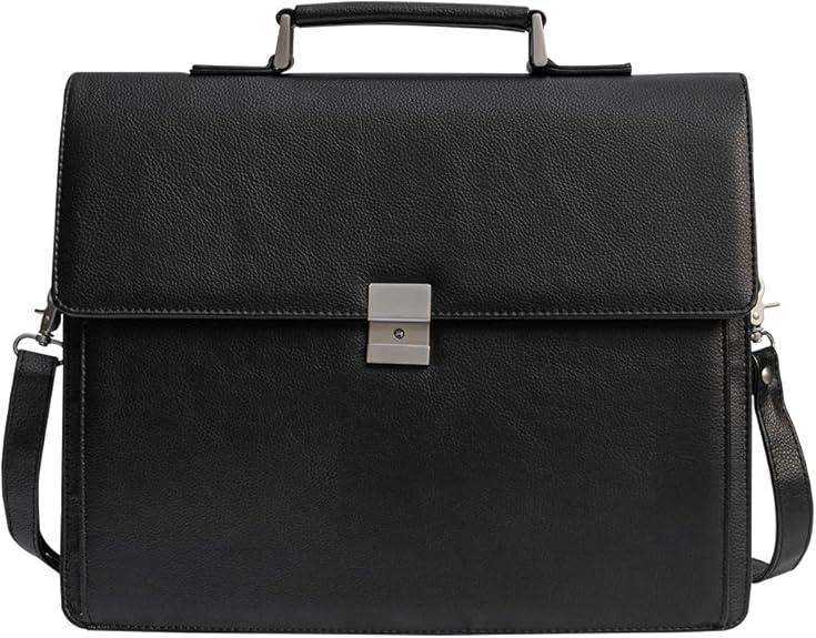 Mens Leather Briefcases Office Attorney Attache Case Ideal Gift Messenger Bag w/Padded Compartment,  Black - Fits 15.6" Laptop