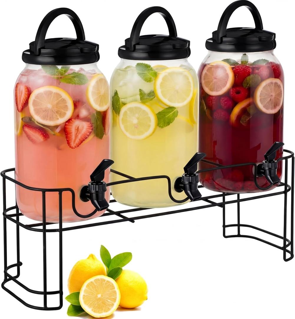 Tanlade 3 Pcs Plastic Drink Dispenser with Stand Beverage Dispenser with Sturdy Metal Base Juice Dispensers for Parties Lemonade Jar Spigot for Weddings Countertop, Each 1 Gallon(Black)