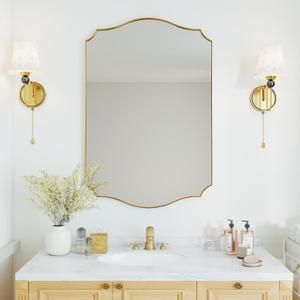 Gold Wall Mirror 30"x22", Scalloped Vanity Mirror Rust-Proof Metal Frame - Hangs Vertically/Horizontally Decorative Bathroom Mirror for Vanity, Bedroom & Entryway