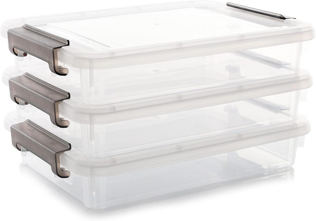 Citylife 3 PCS Plastic Storage Bins with Latching Lids Portable Project Case Clear File Box Stackable Storage Containers for Organizing A4 Paper, Photo, Document, Scrapbook (3 PCS-14.65" x 10.43" x 2.87", White)