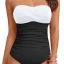 Yonique Womens Strapless One Piece Swimsuit Tummy Control Bandeau Bathing Suits Slimming Twist Front Swimwear (XX-Large, White & Black)