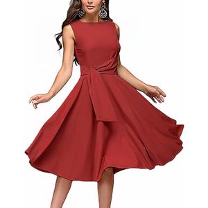 FENJAR Women's Elegance Audrey Hepburn Style Ruched Dress Round Neck Sleeveless Swing Midi A-line Dresses (Red, Small)