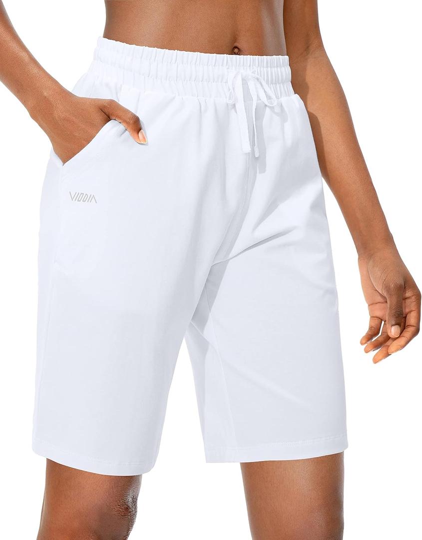 Viodia Women's Bermuda 10" Long Shorts with Pockets Cotton Sweat Shorts Jersey Knee Length Shorts for Summer (White, Small)