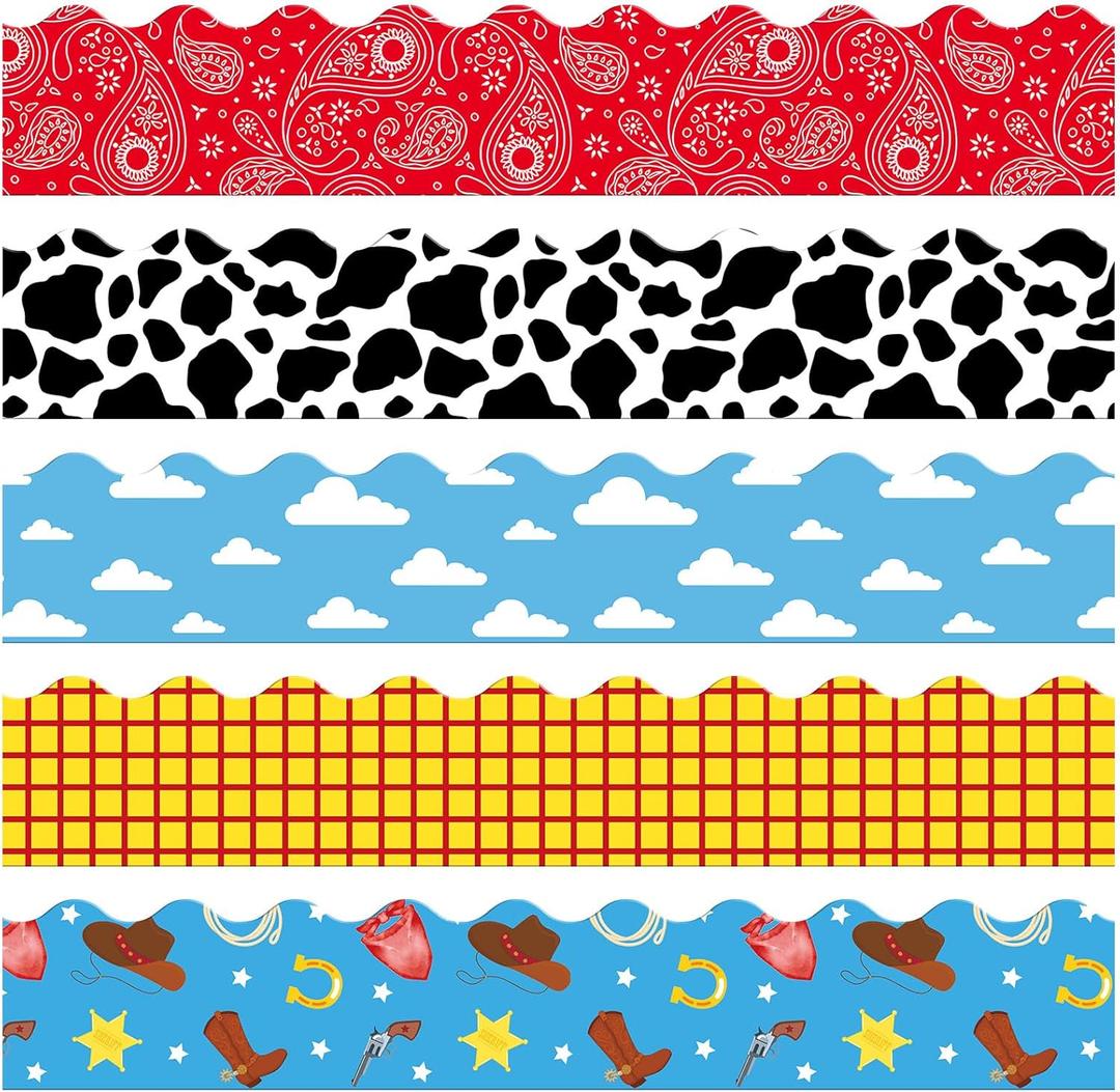 100Pcs Cartoon Story Bulletin Board Borders Cow Blue Sky White Clouds Cowboy Boots Horsehoe Red Bandana Printed Bulletin Scalloped Border Trim for Christmas Back to School Classroom Decorations