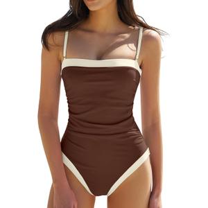 QINSEN Women's One Piece Swimsuit Color Block Tummy Control Bathing Suit Vintage Square Neck Spaghetti Straps Swimwear, Size: Medium