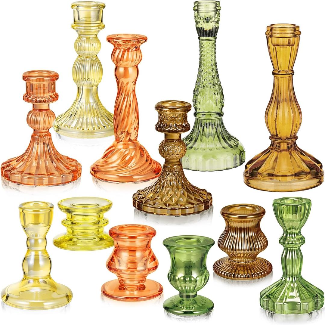 Mumufy 12 Pcs Thanksgiving Glass Crystal Taper Candle Holders Clear Amber Glass Candlestick Holder Fit 0.8 Inch Red Green Ribbed Taper Candlestick Holders Thanksgiving Centerpiece Table Wedding Dining (Stylish Color)
