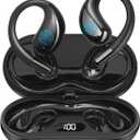 Open Ear Clip Wireless Earbuds Bone Conduction Headphones, Bluetooth 5.4, Open Ear Design for Running Fitness,OfficeBuilt-in Mic, IPX7 Waterproof, LED Display Charging Case,Ear Hooks Ear Buds