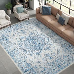 jinchan Area Rug 8x10 Medallion Floral Washable Rug Accent Floor Cover Non Slip Living Room Vintage Mat Retro Thin Soft Carpet for Bedroom Dining Room Kitchen Distressed Blue