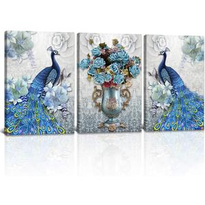 DekHome 3 Pieces Blue Peacock Canvas Wall Art Elegant Flower Bouquet Vase Giclee Wall Art Peacock Picture Paintings Stretched and Framed Vintage Home Office Living Room Bedroom Decor 16"x24"x3pcs