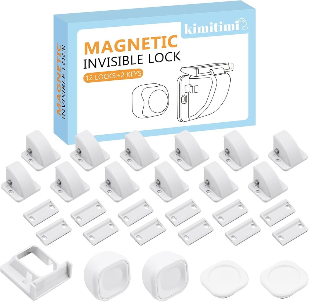 12 Pack Magnetic Cabinet Locks Baby Proofing - Child Safety Cabinet Latch Locks with Adhesive, No Drill or Tools Installation, for Cabinets Drawers Doors