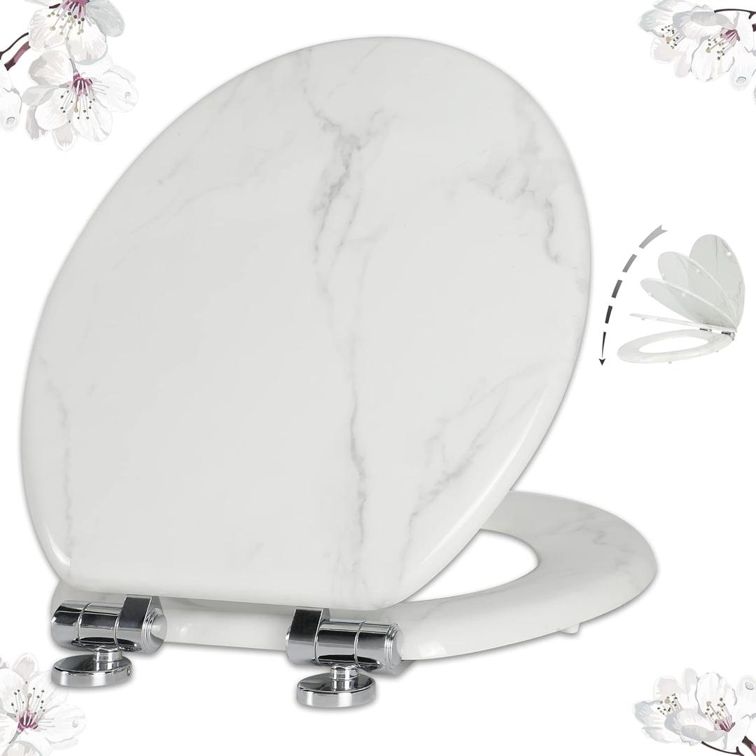 Angel Shield Marble Toilet Seat Durable Molded Wood with Quiet Close,Easy CleanQuick-Release Hinges (Round,White Marble)