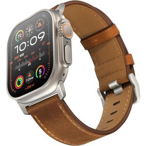 UUPWPOKT Leather Band Compatible with Apple Watch Ultra 3/2/1 Band 49mm 46mm 45mm 44mm 42mm Men, Genuine Leather Strap for iWatch Ultra Series 11 10 9 8 7 6 5 4 3 2 1 SE 3/2/1, Retro Brown/Titanium