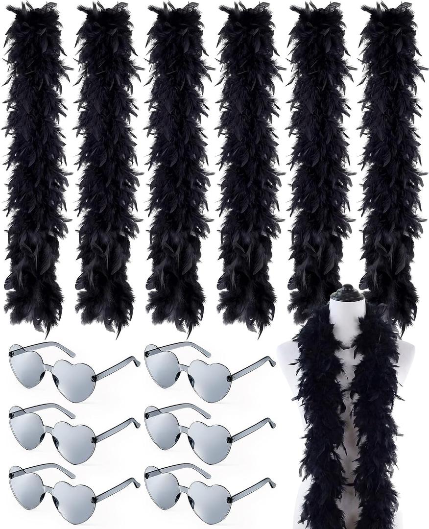 Taiyin 6.6ft Turkey Chandelle Feather Boas with Heart Rimless Sunglasses for Party Dress Up Costume