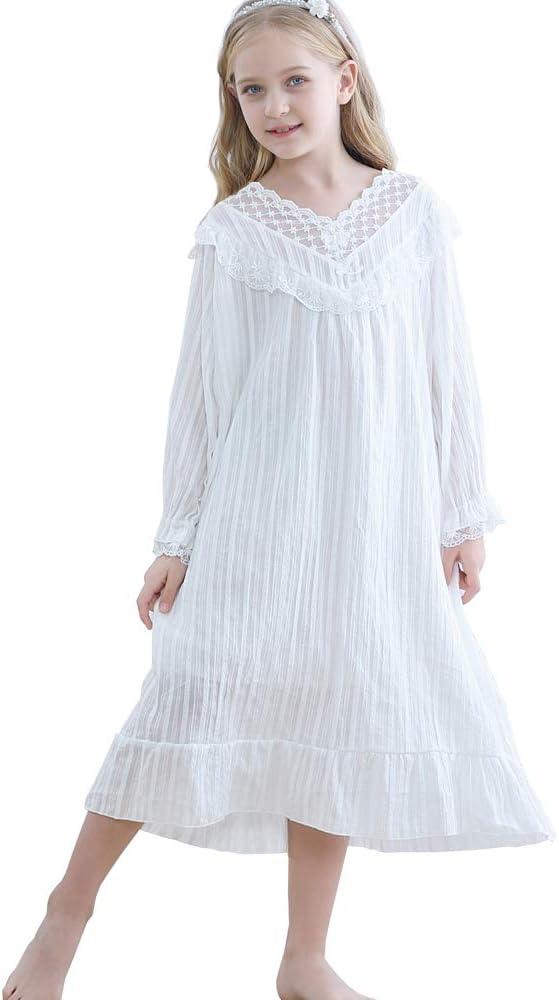 Girls Cotton Nightgowns,Vintage Princess Long Sleeve Night Gown Pajama Dress for Toddler Kids (5-6 Years, White)