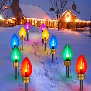 Jumbo C9 Christmas Pathway Lights Outdoor - 2 Pack Total 17 Feet 10 LED C9 Walkway Light, Multicolor Bulb Holiday Pathway Light with Marker Stakes, Christmas Lights Outdoor Decorations for Lawn Yard