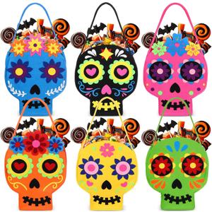 6 Pack Halloween Felt Buckets 9.8'' Height Day of the Dead Candy Buckets with Handle Skull Goodie Bags for Treat Halloween Mexican Party Dia De Los Muertos Decorations(Colorful Style)