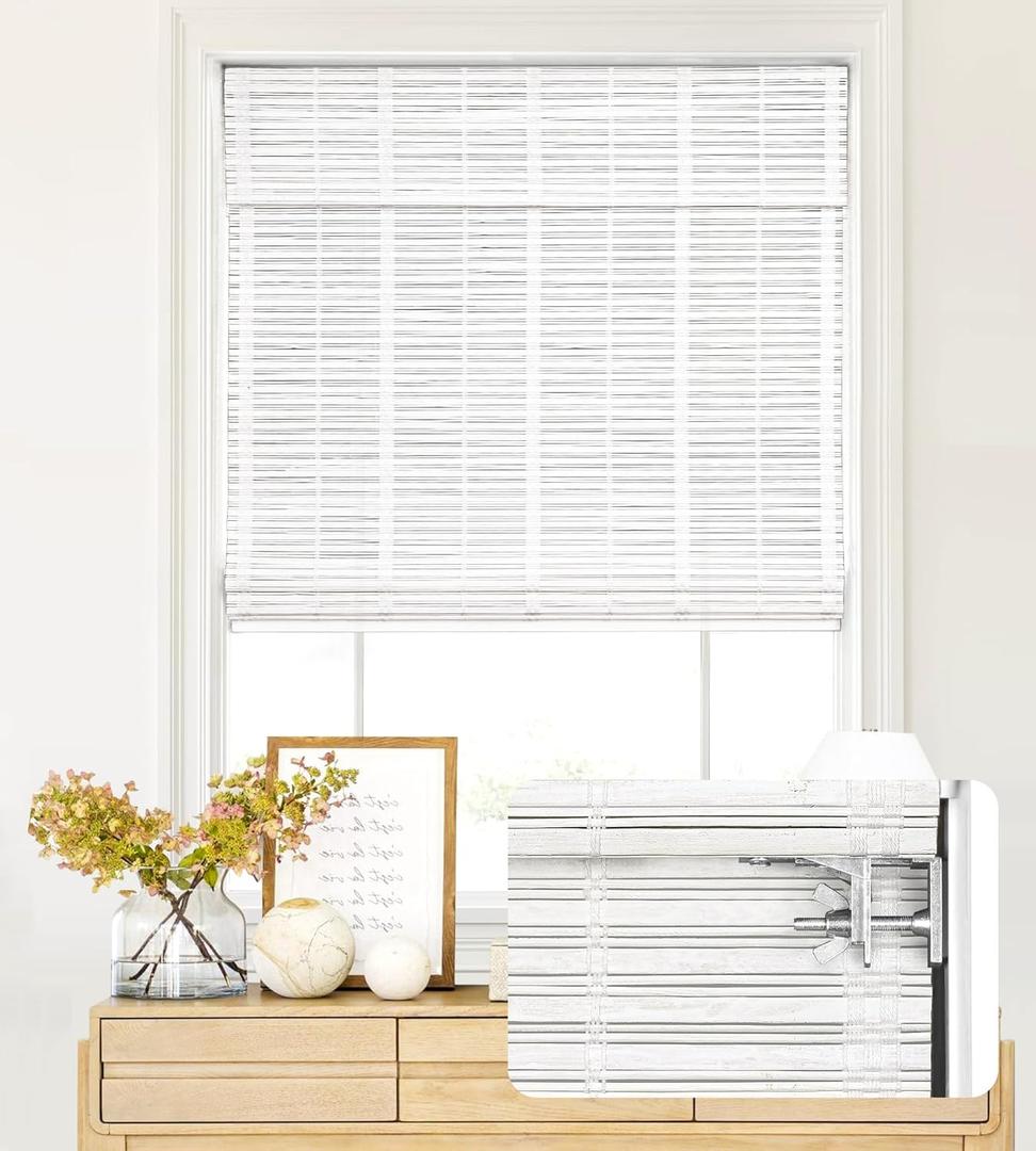 LazBlinds No Tools No Drill Cordless Bamboo Roman Shades, Light Filtering Window Treatment, Roll Up Bamboo Blinds for Windows 27.5'' W x 64'' H, Whitewash T