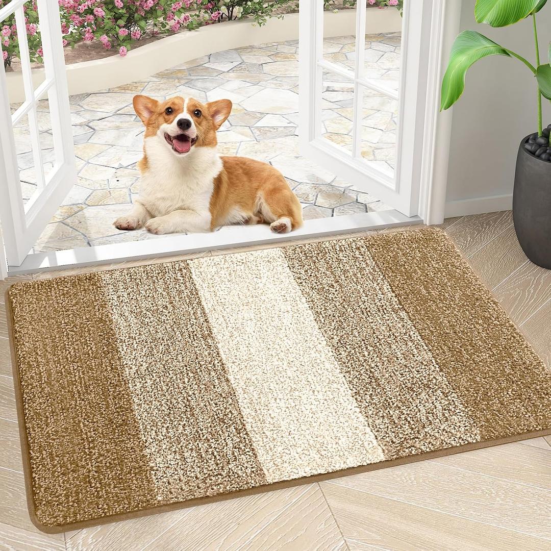 Smiry Dog Door Mat for Muddy Paws, Absorbs Moisture and Dirt, Low-Profile Entryway Mat with Non-Slip Backing, Entry Indoor Outdoor Doormat for Inside Floor (30x17 Inches, Camel, Striped)