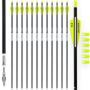 BOWSOUL 31Inch Carbon Arrows for Target Practice Hunting Arrow with Removable Tips for Compound & Recurve Bow(Pack of 12) (Yellow White)